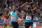 Mo Farah (GB) celebrate after outsprinting Yenew Alamirew (Eith) in the 5000 metres at the IAAF Diamond League, Birmingham.